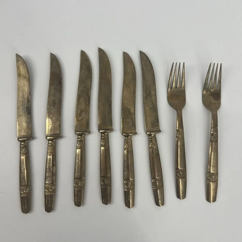 6 Vintage Brass‎ Dinner Knifes And 2 Forks Stamped S Thailand